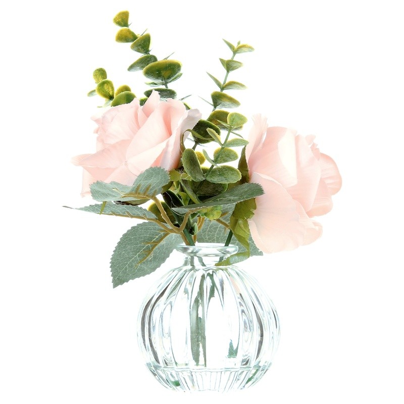 Tabletop Faux Rose Floral Arrangement in Clear Glass Vase W/ Faux Water New