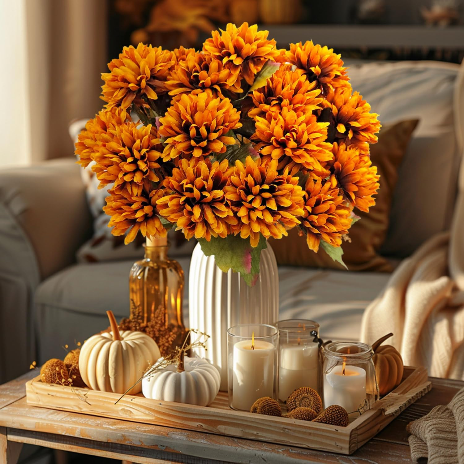 Artificial Fall Flowers Fake Mums for Outdoor, 6 Pack 30 Heads Artificial Chrysa
