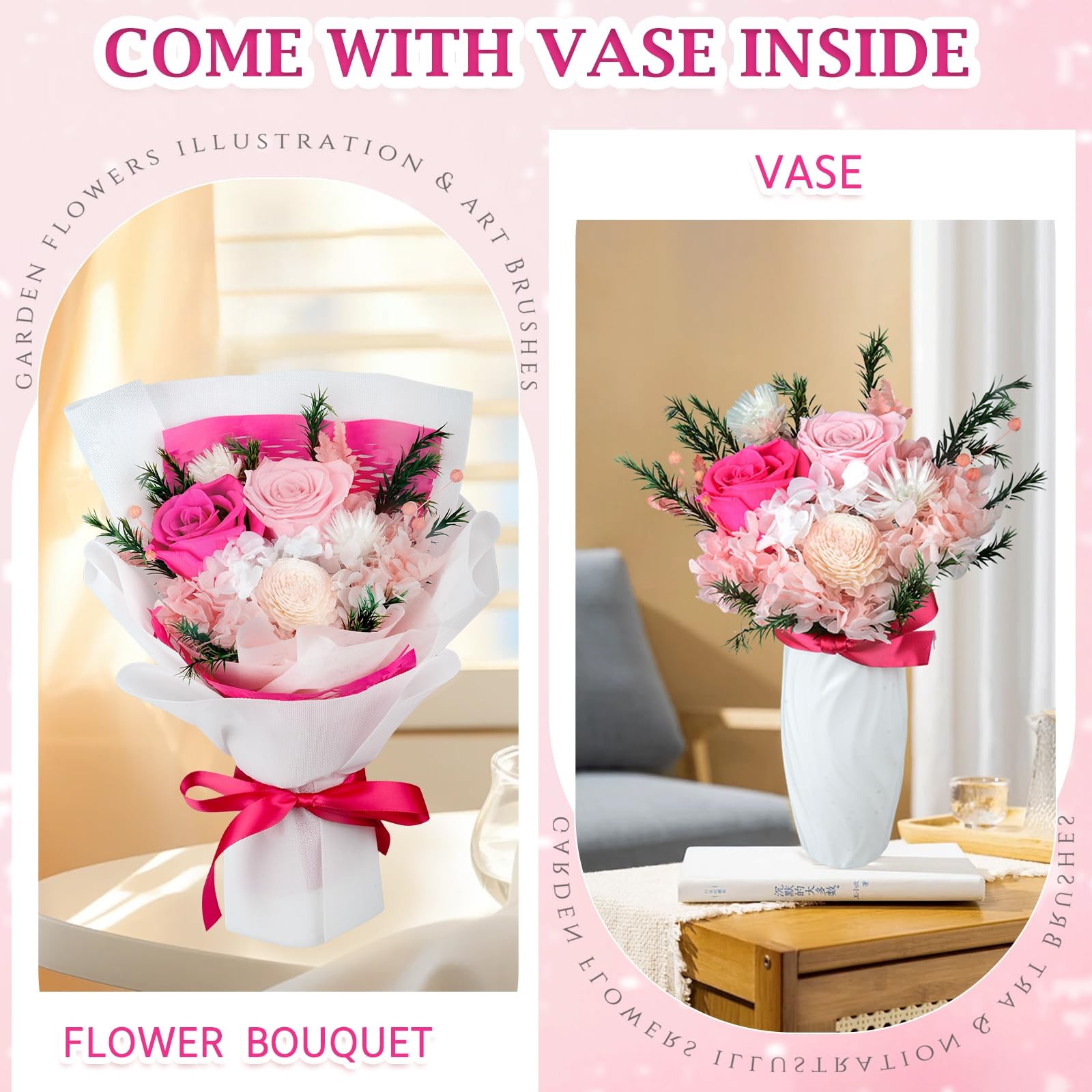 Pink Preserved Flowers Bouquet Long Lasting Real Roses Gift for Her Mom Wife