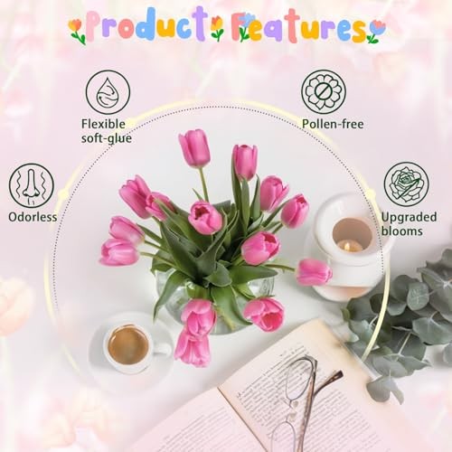 15PCS 15.75″ Artificial Tulips, Premium Latex Natural Feel 15pcs Deep Pink