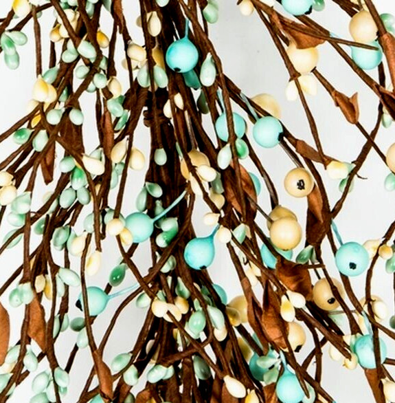 NEW Primitive Pip Berry MIXED Garland LT TEAL AQUA BLUE BROWN 50″ Farmhouse