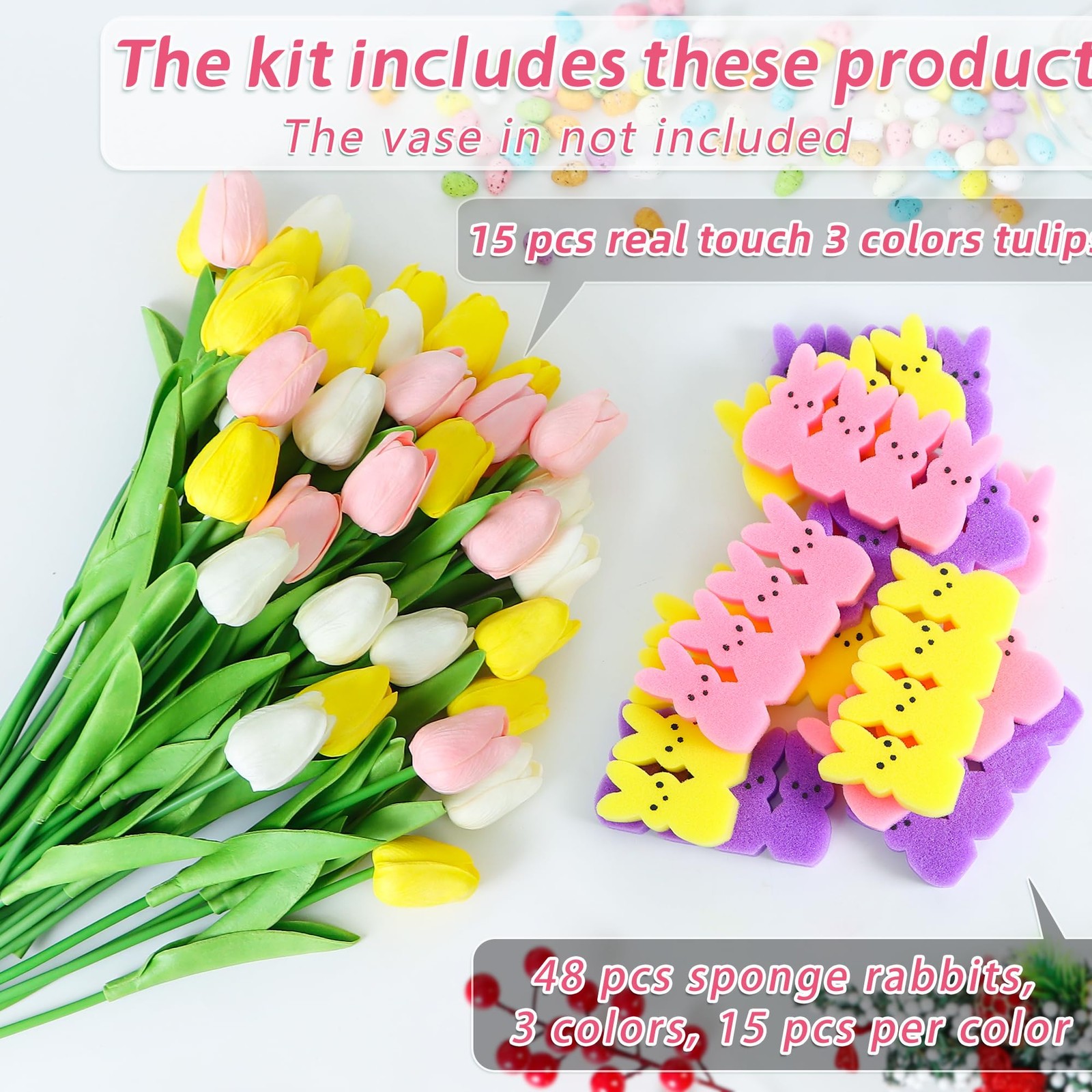 15 PCS Artificial Tulips 48 PCS Bunnies Vase Filler Spring Table Decor Set