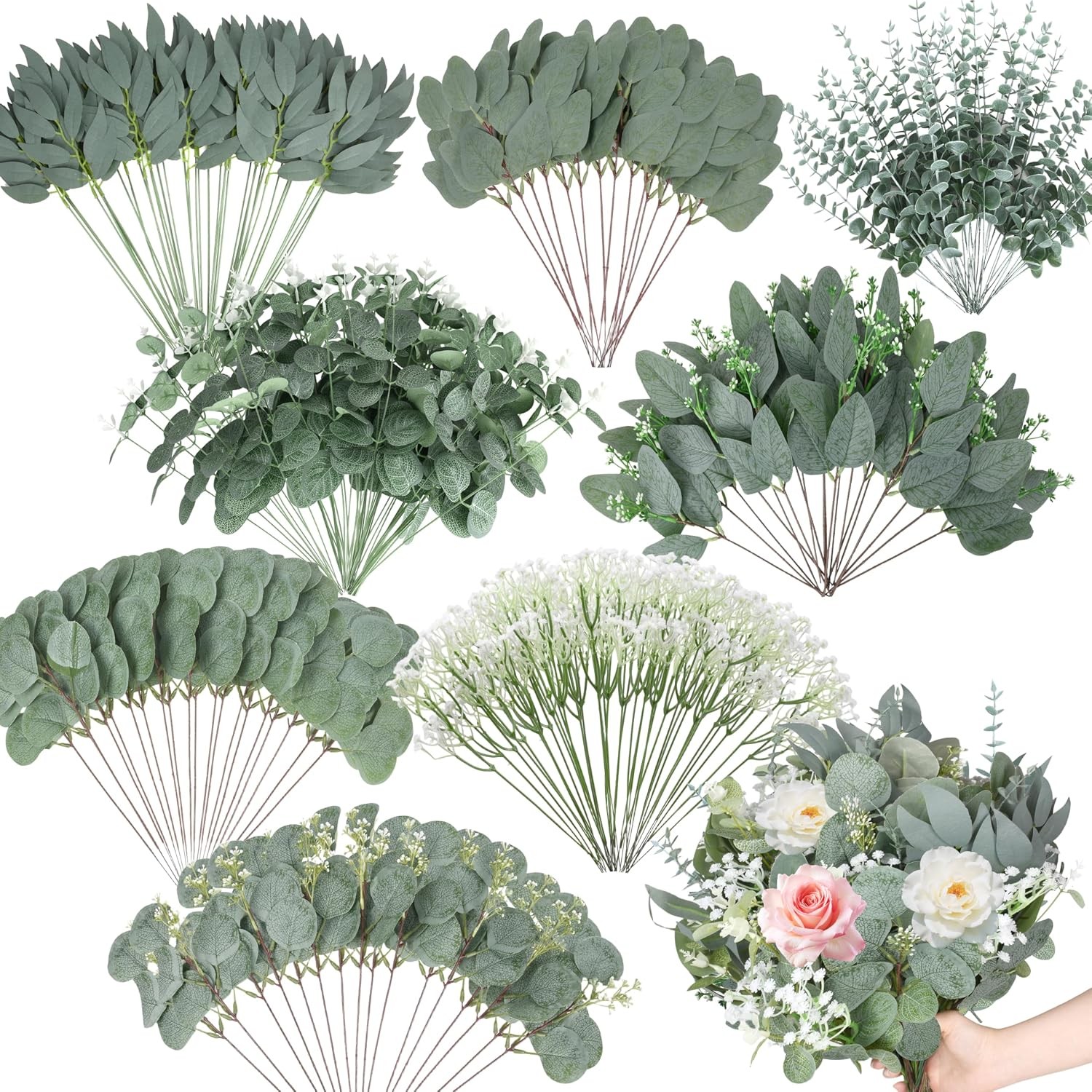 200 Pcs 8 Kinds Mixed Artificial Eucalyptus Stems Bulk Fake Silver Dollar