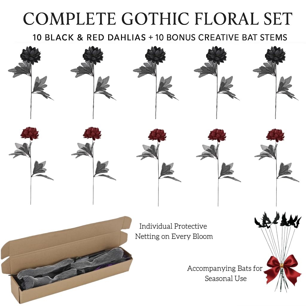 Black Burgundy Artificial Flowers Dahlia Bouquet – Lifelike Faux Gothic Flora…