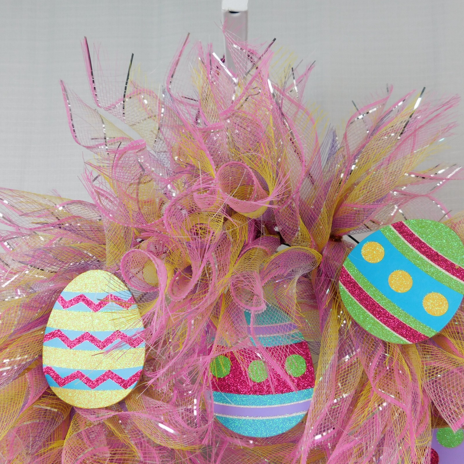 Handmade Mesh Wreath Easter Pastel Glitter Eggs Welcome Sign Metallic Pink #C317