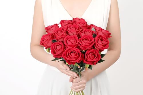 15PCS Roses Artificial Silk Flowers Fake Roses Bouquet with Long Stem Real Red