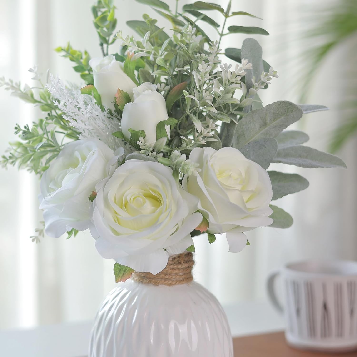 Artificial Flowers with Ceramic Vase,Faux Silk Roses and Fake Plant Eucalyptus