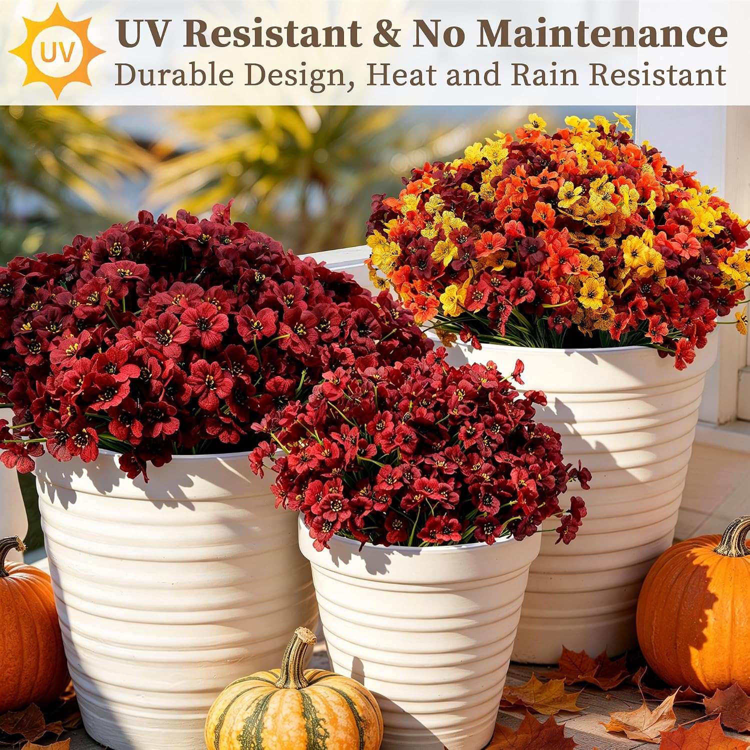 24 Bundles Burgundy Artificial Flowers for Outdoors Fake Plant Mum | Artificial