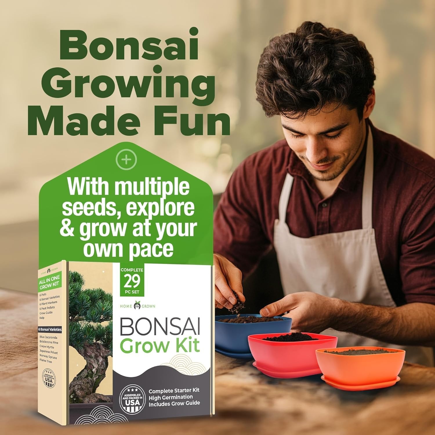 HOME GROWN 𝗨𝗦𝗔 Bonsai Tree Kit – 6 Heirloom Varieties Master