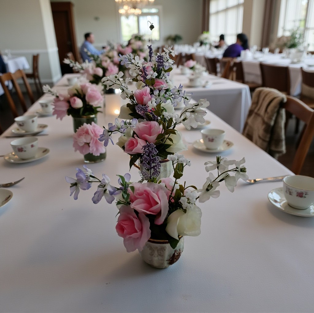 Tea Party Floral Arrangement Pink White Roses POP-IN Bridal Vanity Elegant Gift