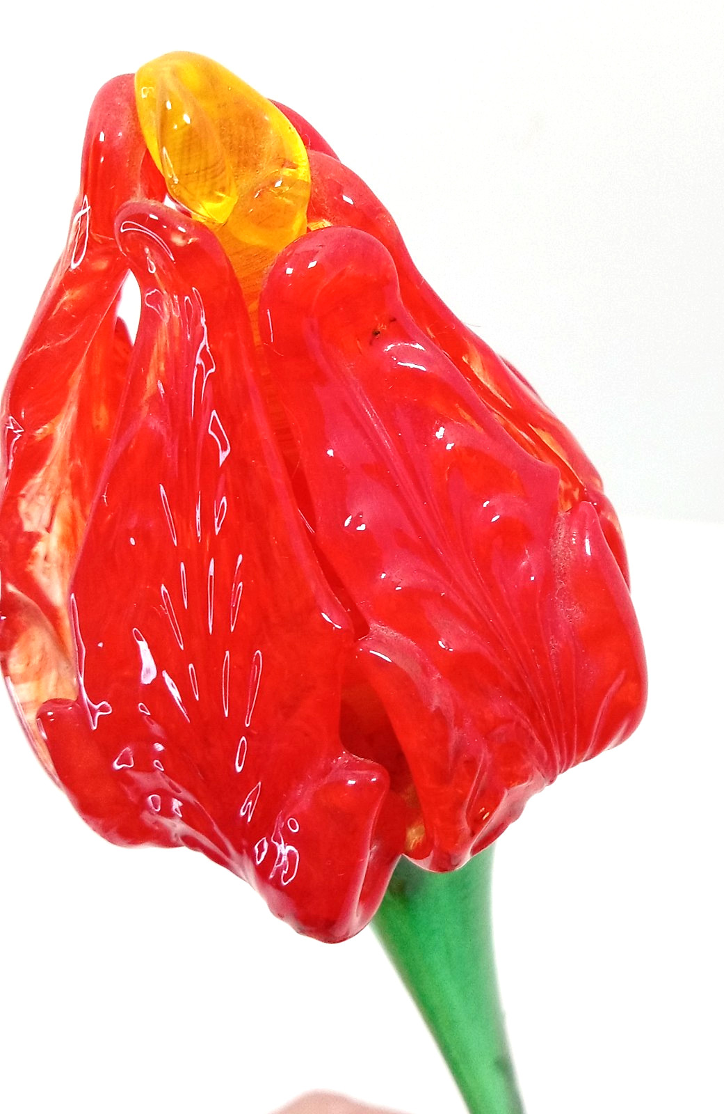 Vintage Blown Art Glass Long Stem Flower Red Bud Orange Center Ribbed Texture