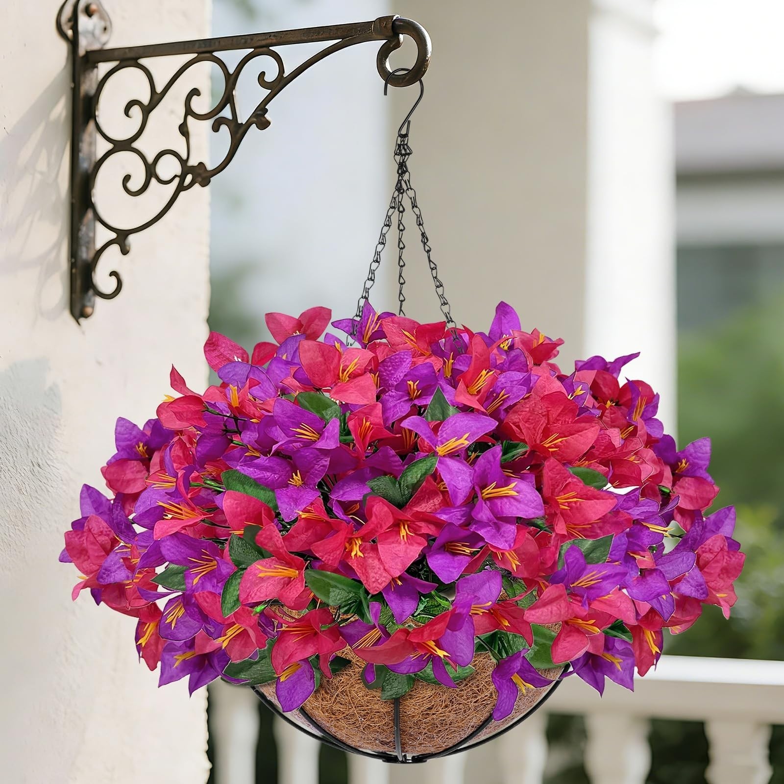 Faux Hanging Flowers for Outdoor Decor – UV Resistant Bougainvillea Planters, Re