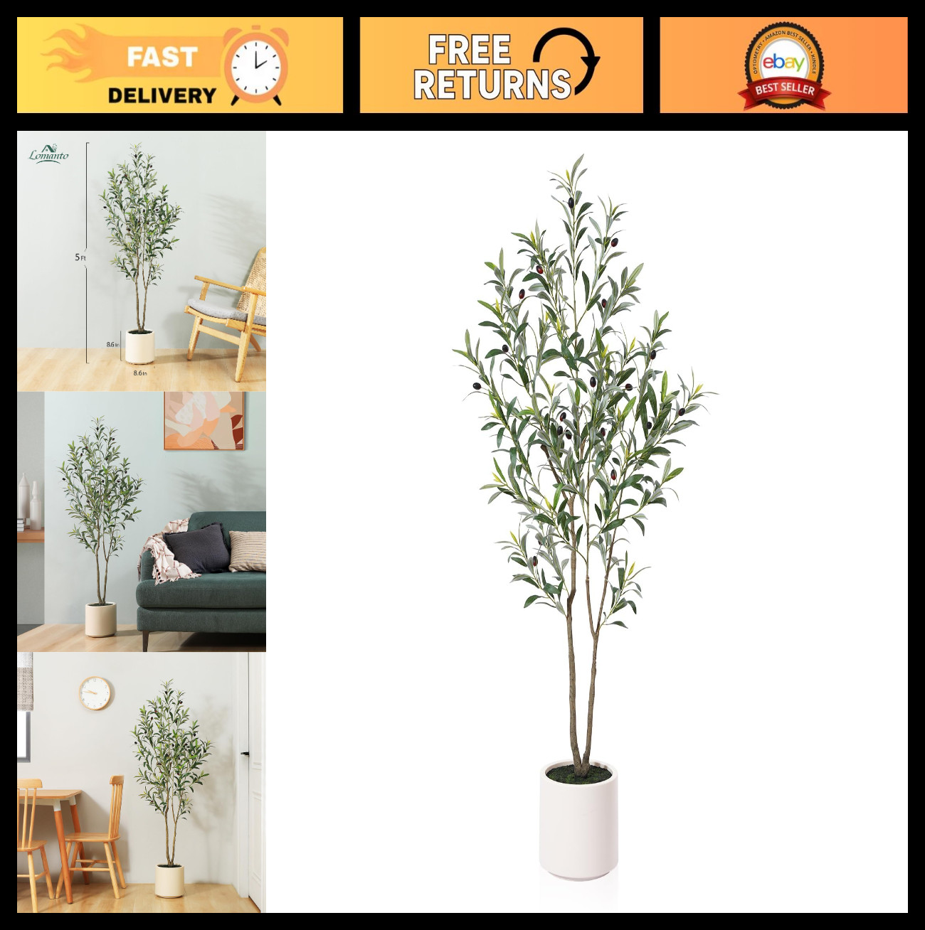5ft Artificial Olive Tree – Faux Silk Plant with White Planter for Home Decor, G
