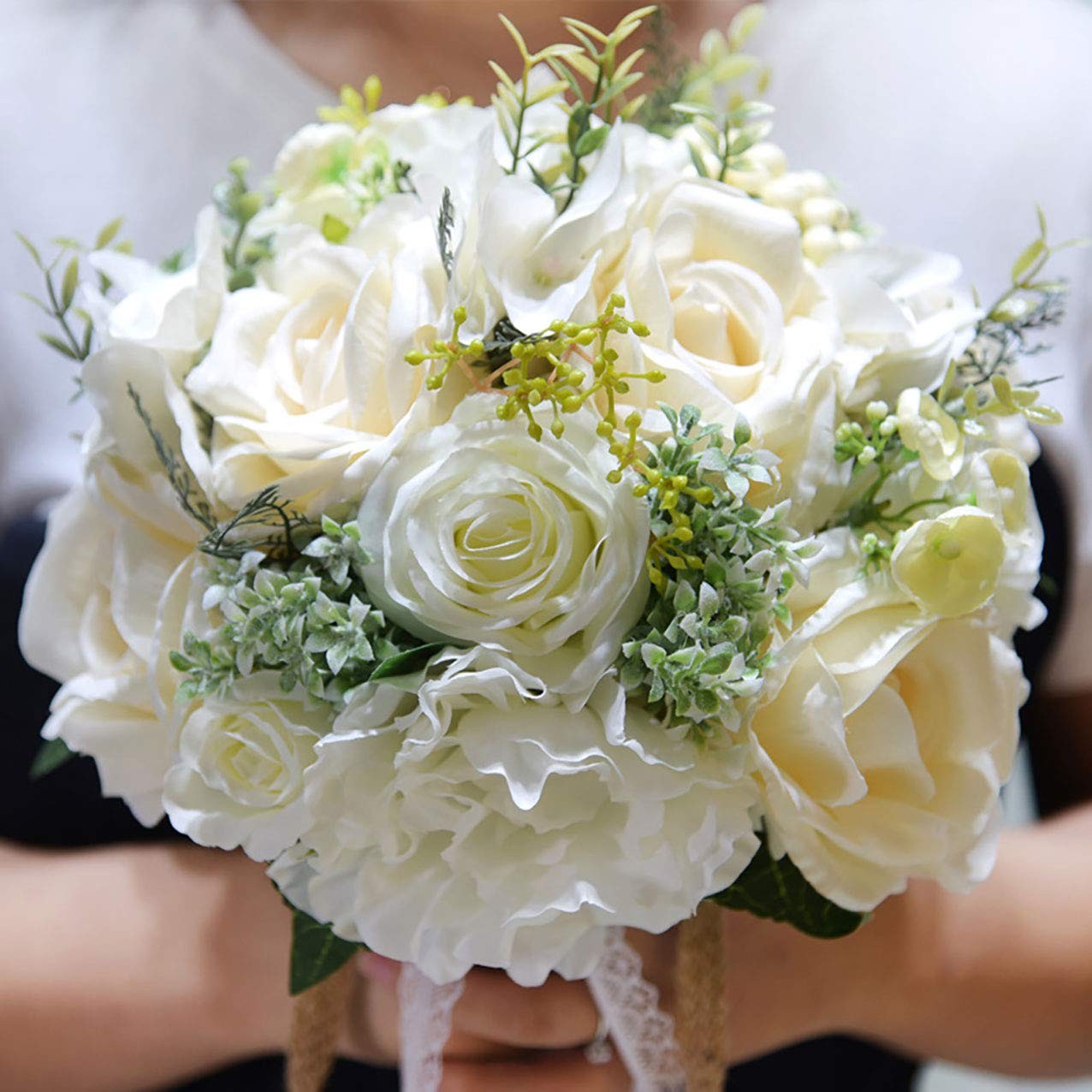 9.8 Inch Ivory Artificial Mixed Flower Greenery Bridal Throw Wedding Bouquet