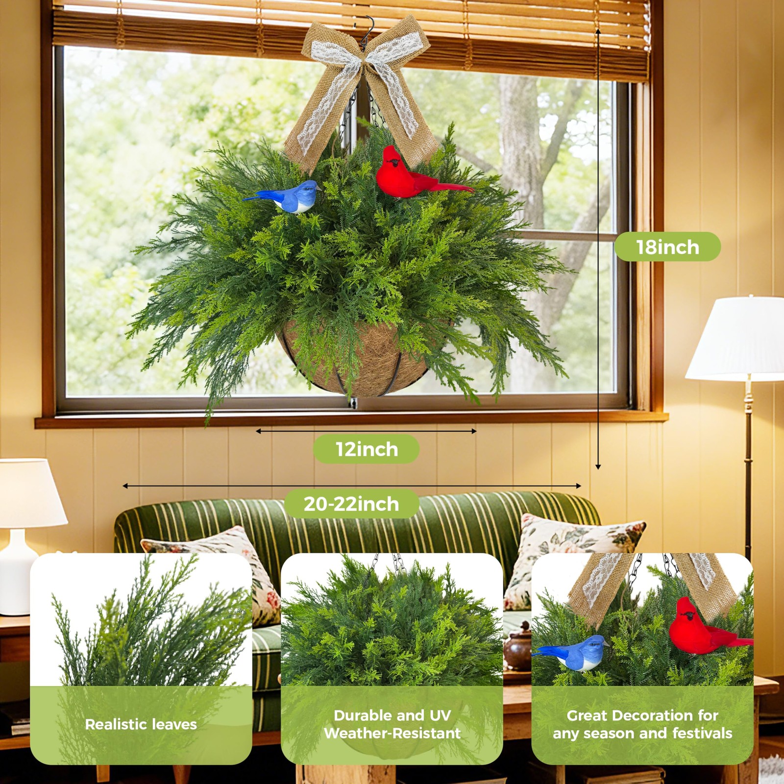 Artificial Hanging Plant Flower Baskets Set of 2, Faux Ferns with Birds and L…