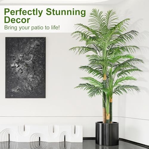 7ft Tall Triple Golden Cane Palm Tree – UV Resistant Fake Plant for Indoor/Outdo