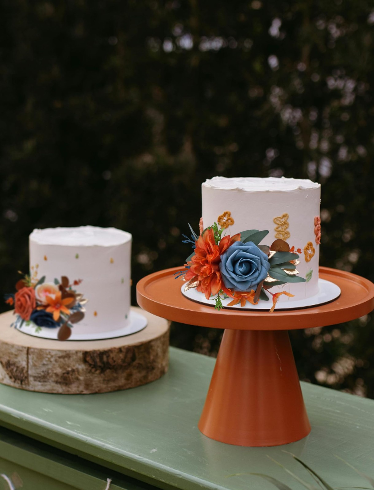 3Pcs Cake Topper Set Wedding Artificial Flowers Decor Burnt Orange-Blue Perfe…