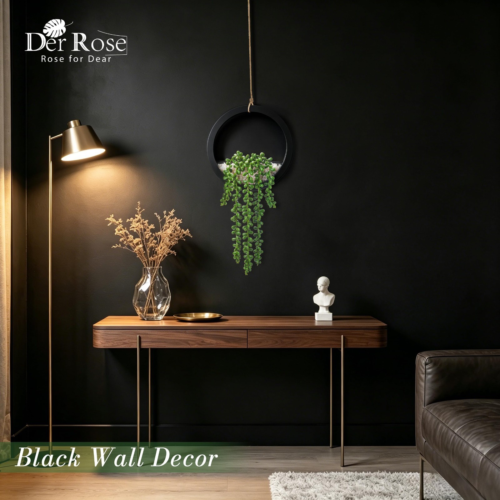2 Pack 16″ Artificial Hanging Plants in Black Pots | Faux Succulents & String of