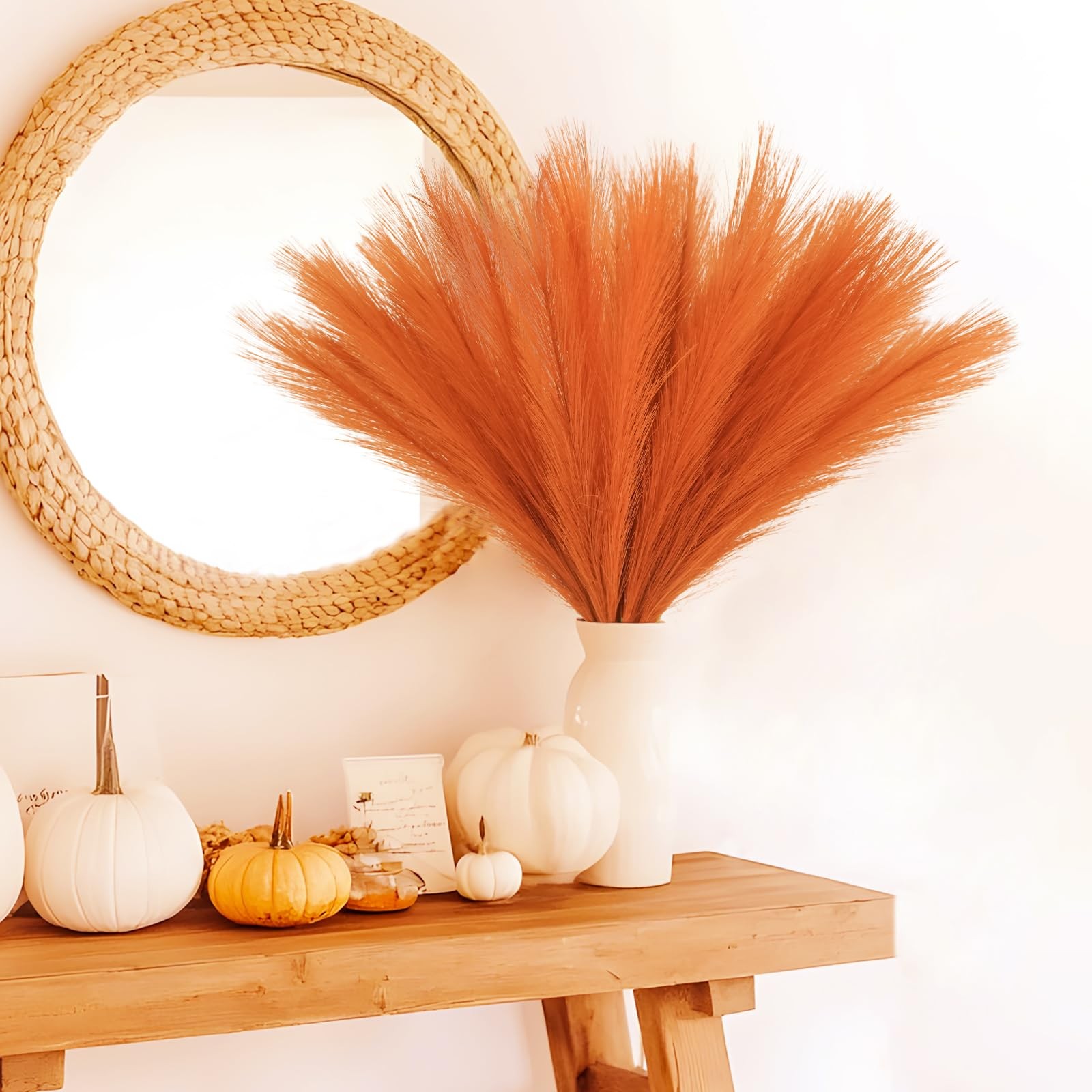 50pcs Burnt Orange Faux Pampas Grass Decor, 21.6″ Short Artificial Fall Pompo…