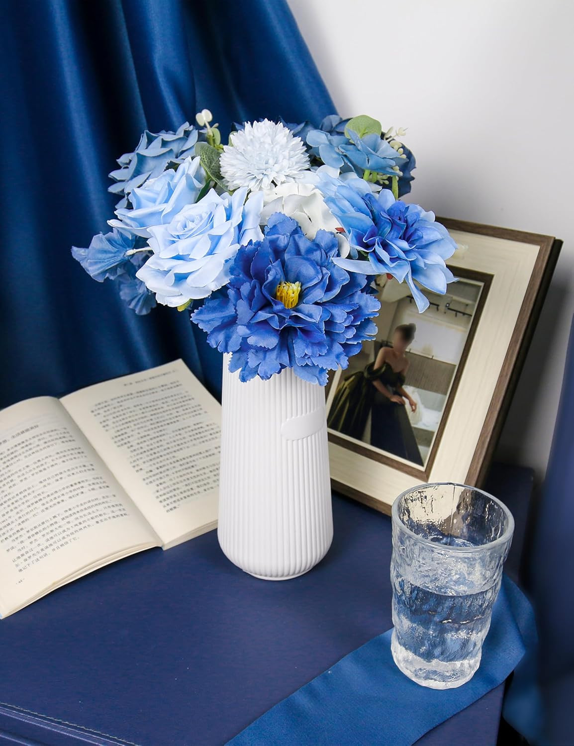 Blue Artificial Flowers Bulk Set Silk Peony Rose Bouquet DIY Wedding Decor
