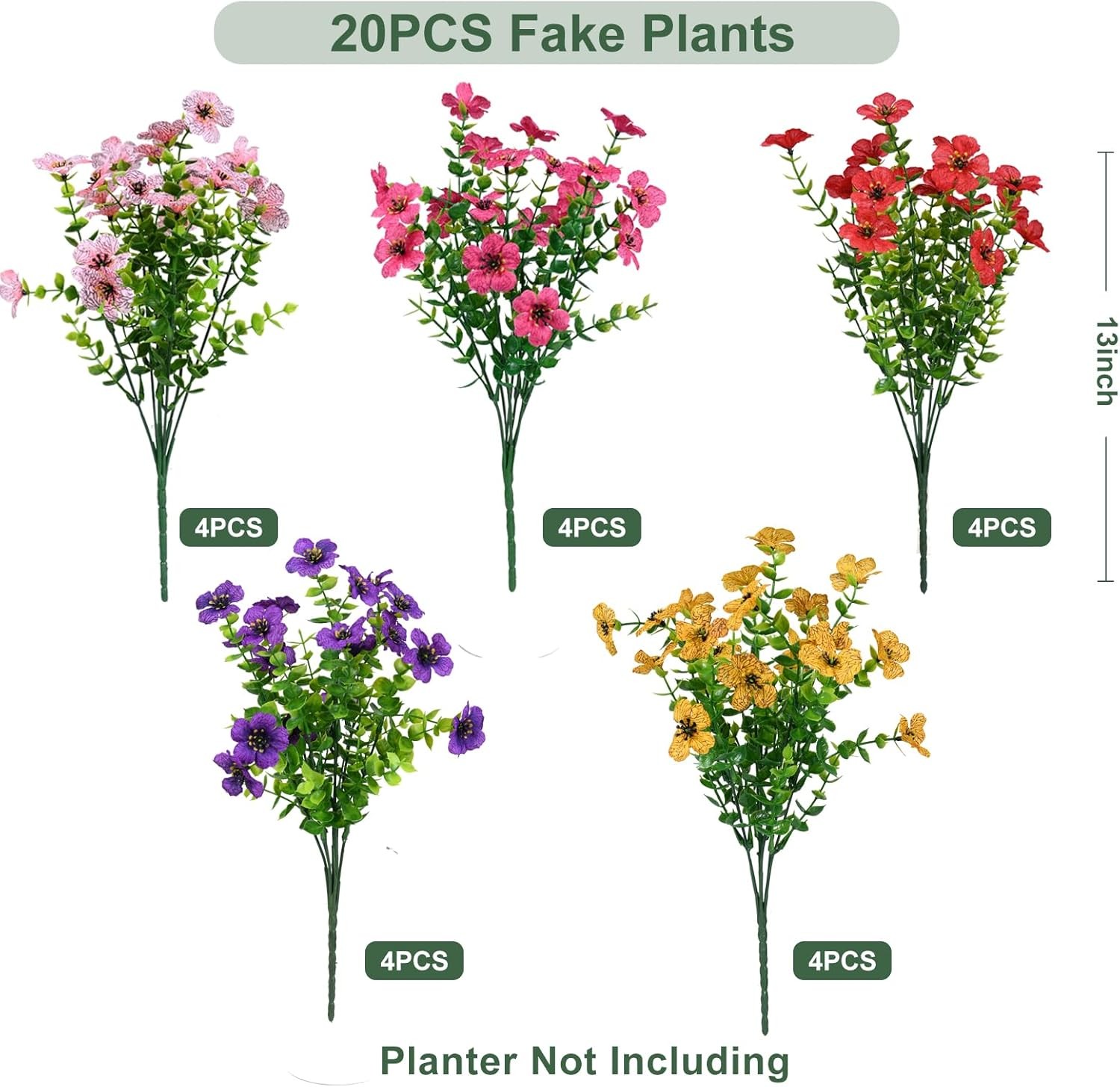 20 Bundles Artificial Flowers, UV Resistant Faux Silk Outdoor Planter Decor