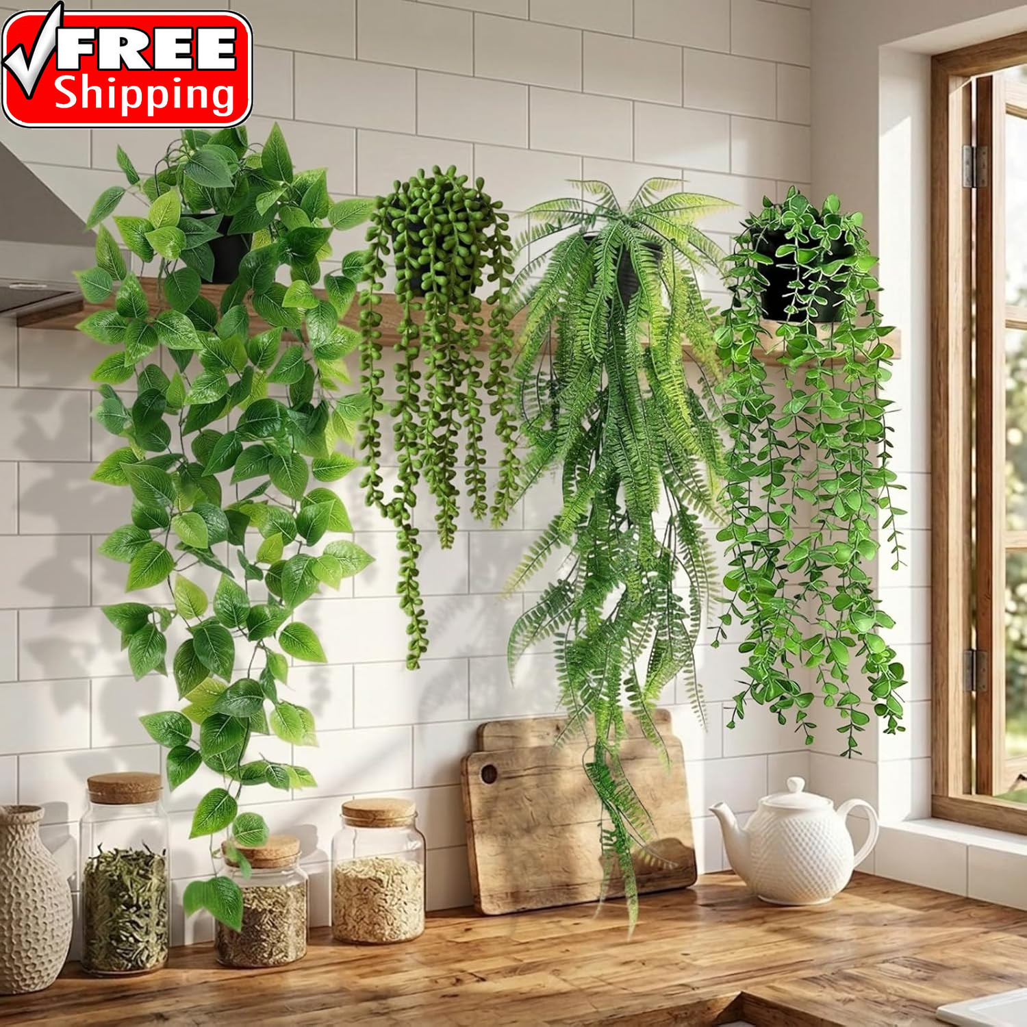 4 Pcs Artificial Hanging Plants with Pots – Realistic Fake Eucalyptus & Ivy Vine