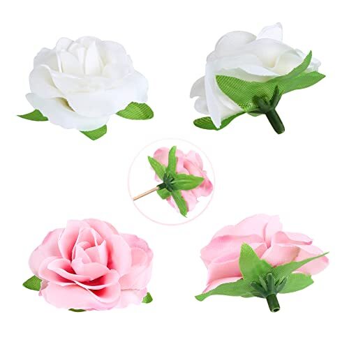 50pcs Mini Rose Artificial Flower Heads, 1.6” Real 1.57 Inch Pink and White