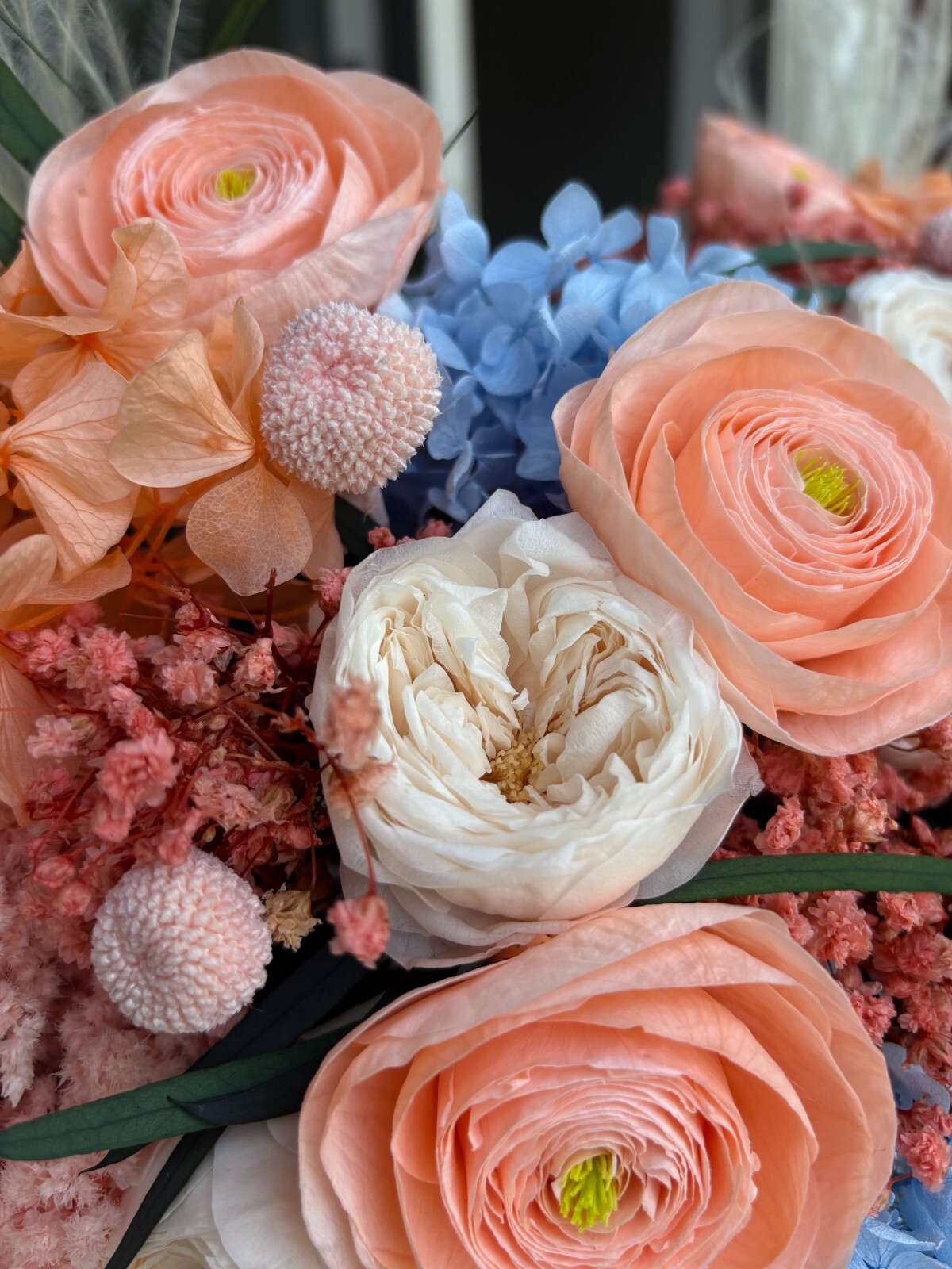 Preserved Flower Arrangement, Peach Blue Boho Centerpiece, Long Lasting Bouquet