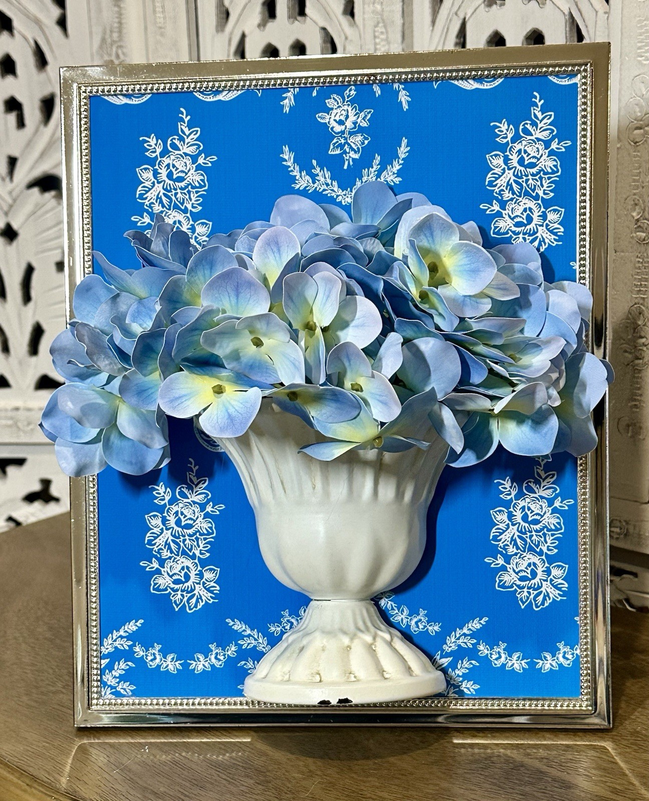 3D Artistry Handmade Blue Hydrangeas in Distressed Metal Urn Framed Florals