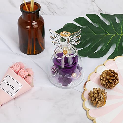 Preserved Flower Rose Gifts in Glass Angel Figurines,Birthday Gifts for Purple