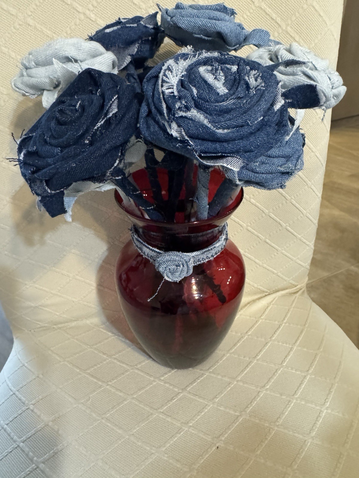 12 (a Dozen) Handmade Denim Roses, Upcycled Vase, Birthday, Mother’s Day, Easter