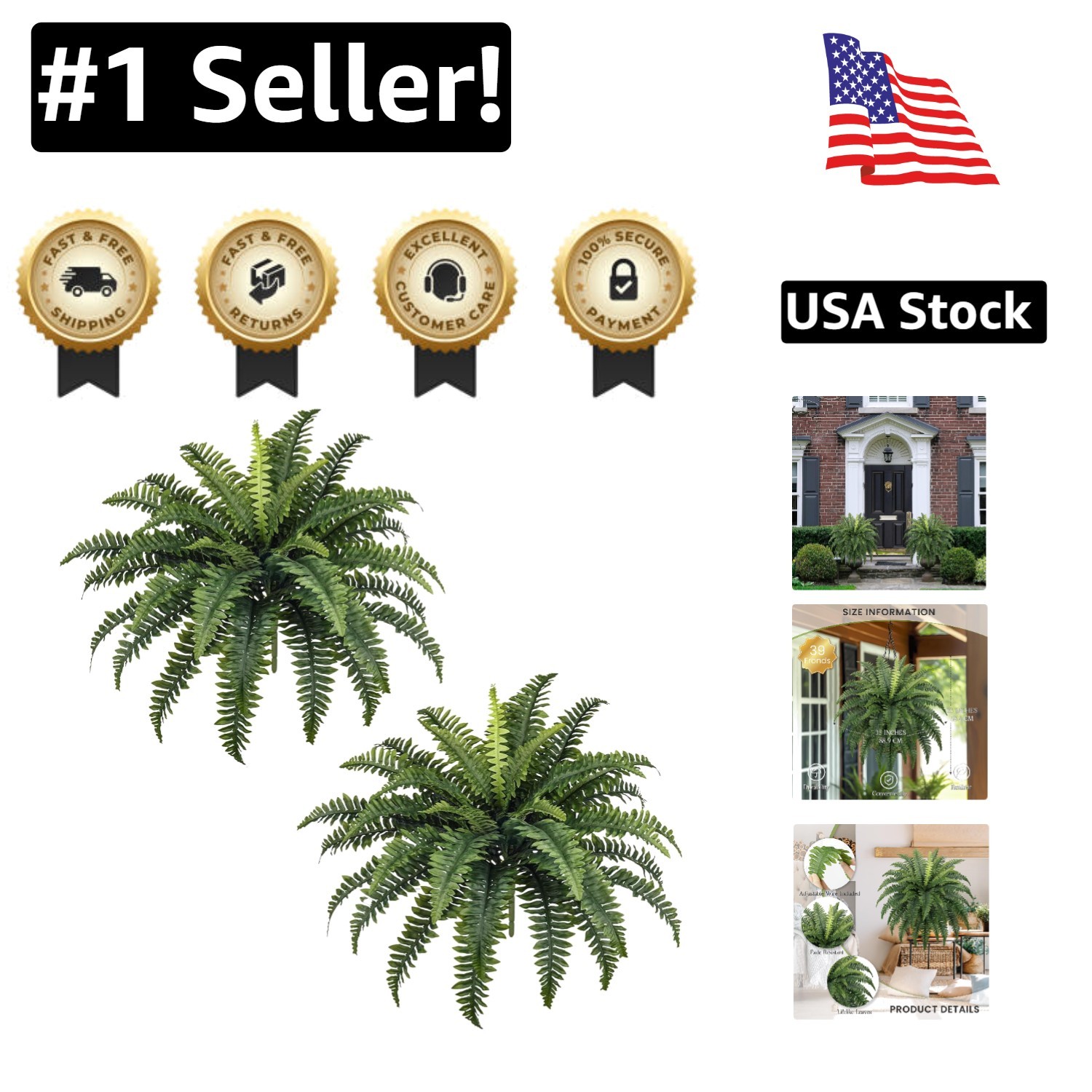 Set of 2 35″ Artificial Ferns – Perfect for Housewarming & Outdoor Decorations