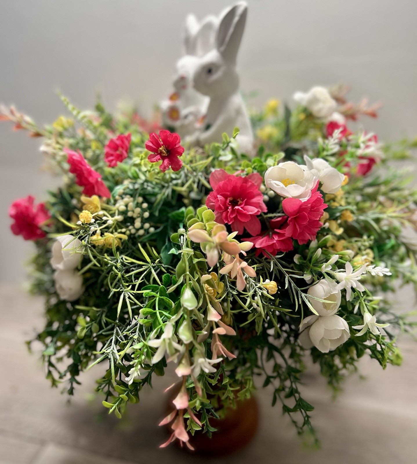 Spring Easter Candle Stick Floral Arrangement Greenery Flowers Rabbit