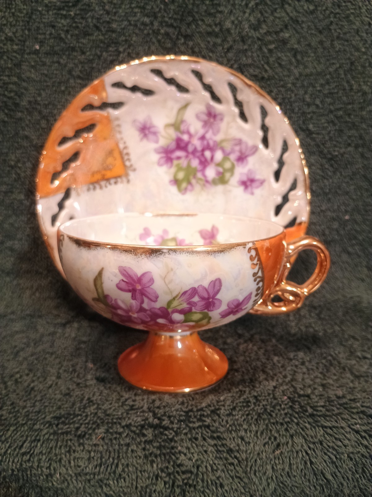 Purple Flowers With Orange And Gold Trim. Cut Out Saucer