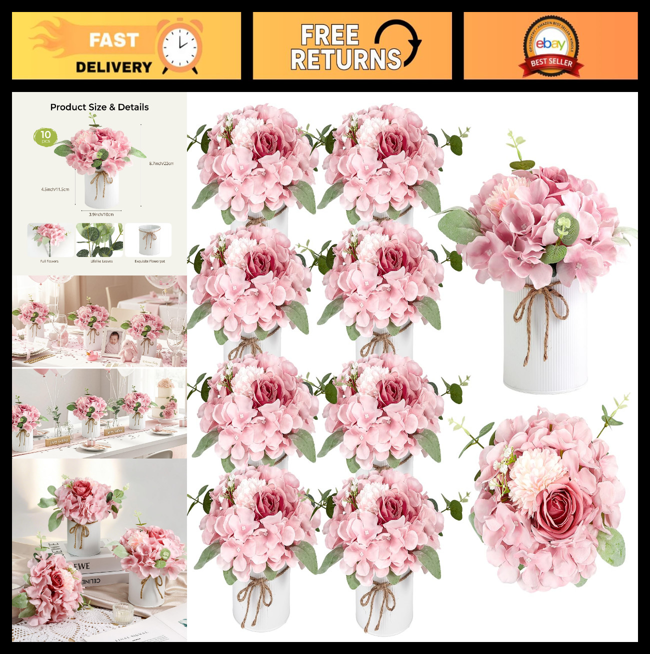 10PCS Faux Silk Hydrangea Flowers with Vase – Spring Wedding Table Centerpiece D