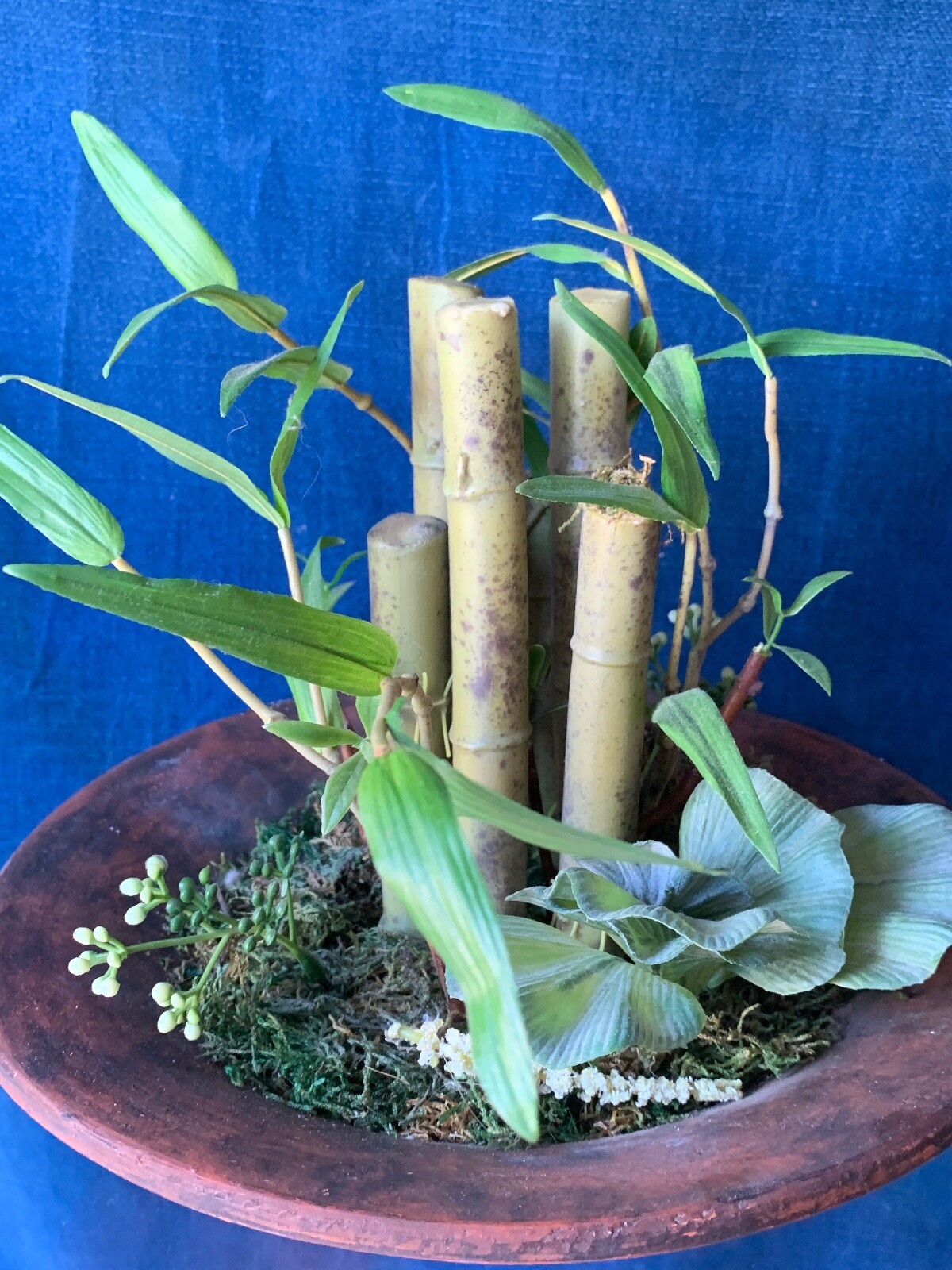 Vintage Rustic Stone Pot & Bamboo Terrarium Table Arrangement Floral 11″ ❤️sj3j
