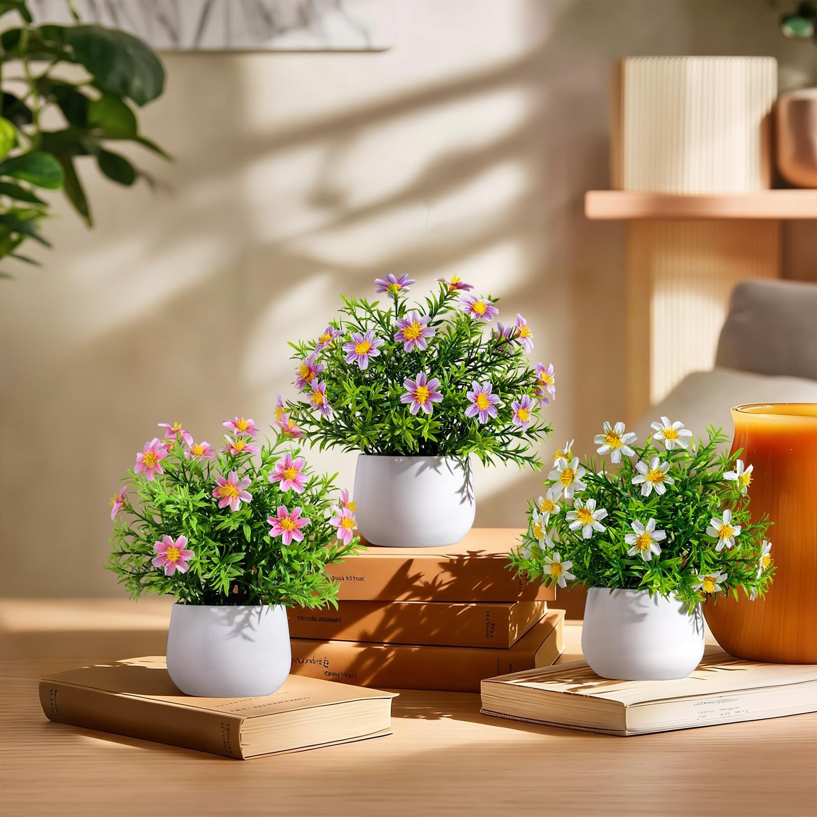 3 Pack Small Fake Plants Artificial Potted Flowers for Indoor Mini Faux Plant…