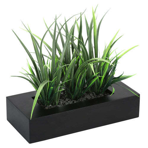 Artificial Green Grass Plants in Black Wood Rectangular Planter Pot