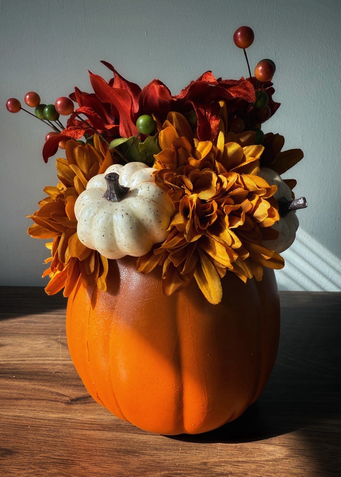 Handmade Fall Colors Centerpiece In A Warm, Festive Pumpkin With Silk Flowers