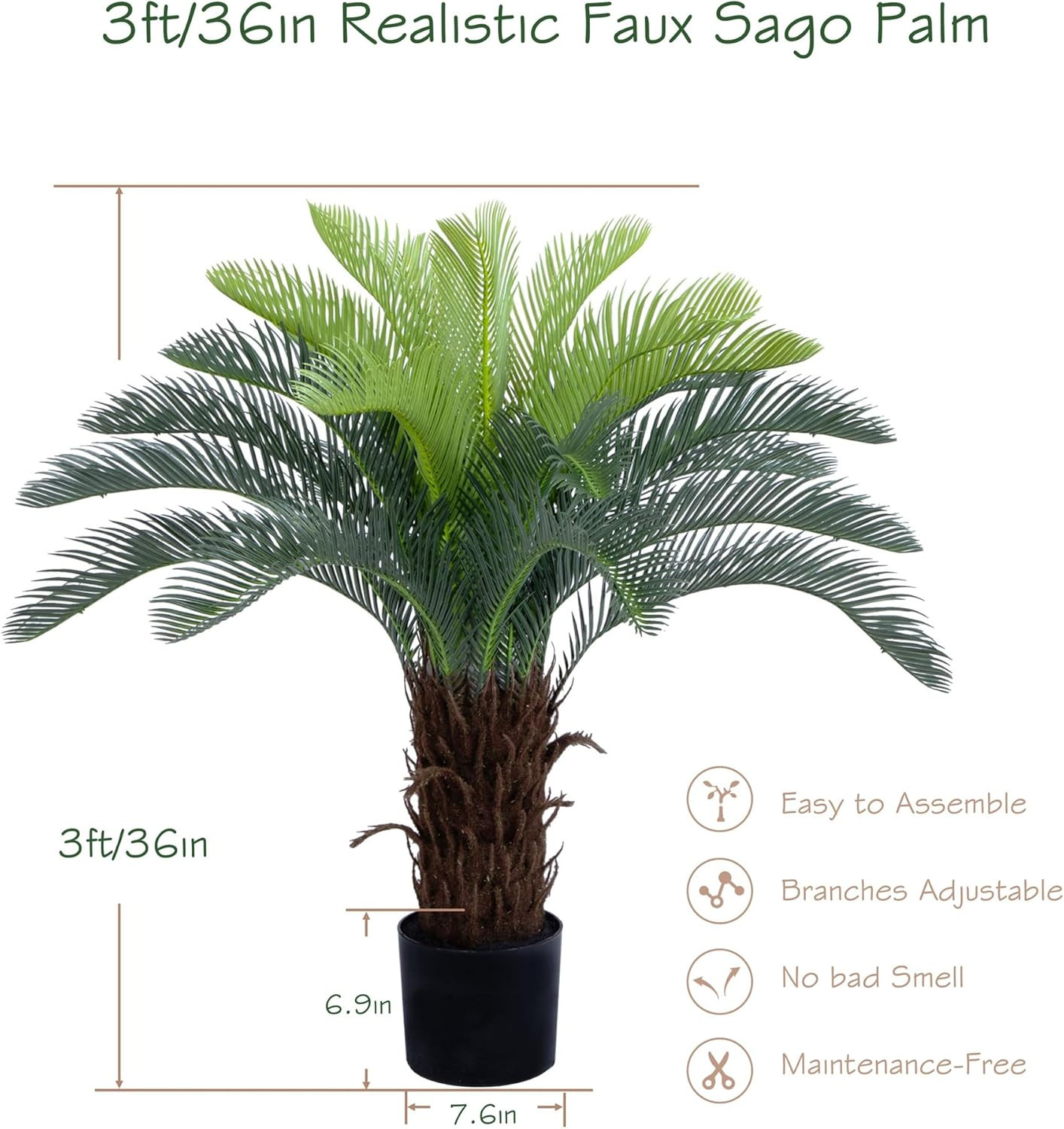 Lifelike 3Ft UV Resistant Faux Sago Palm Tree for Home & Patio Decor