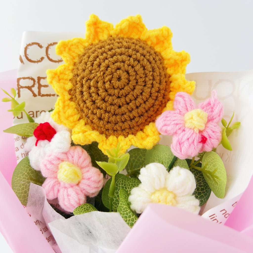 Crochet Flowers Bouquet Sunflower Exquisite Knitted Flower Wrap with Light Ready