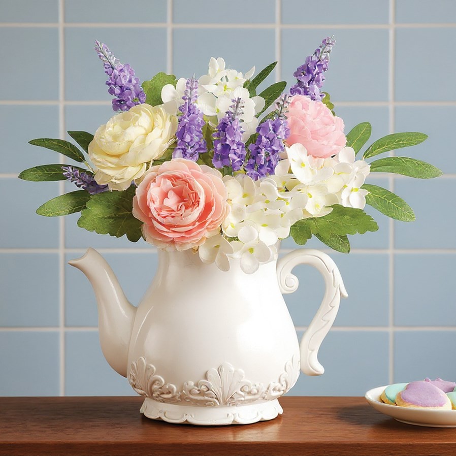Spring Floral Flowers Bouquet White Ceramic Teapot Vase Arrangement Centerpiece