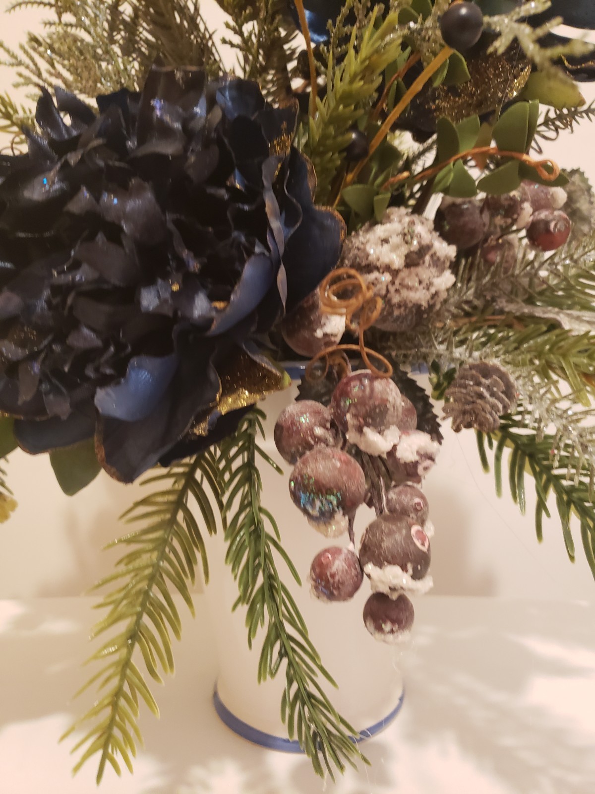 Navy Blue Winter Floral Arrangement, Elegant Christmas Flower Arrangement