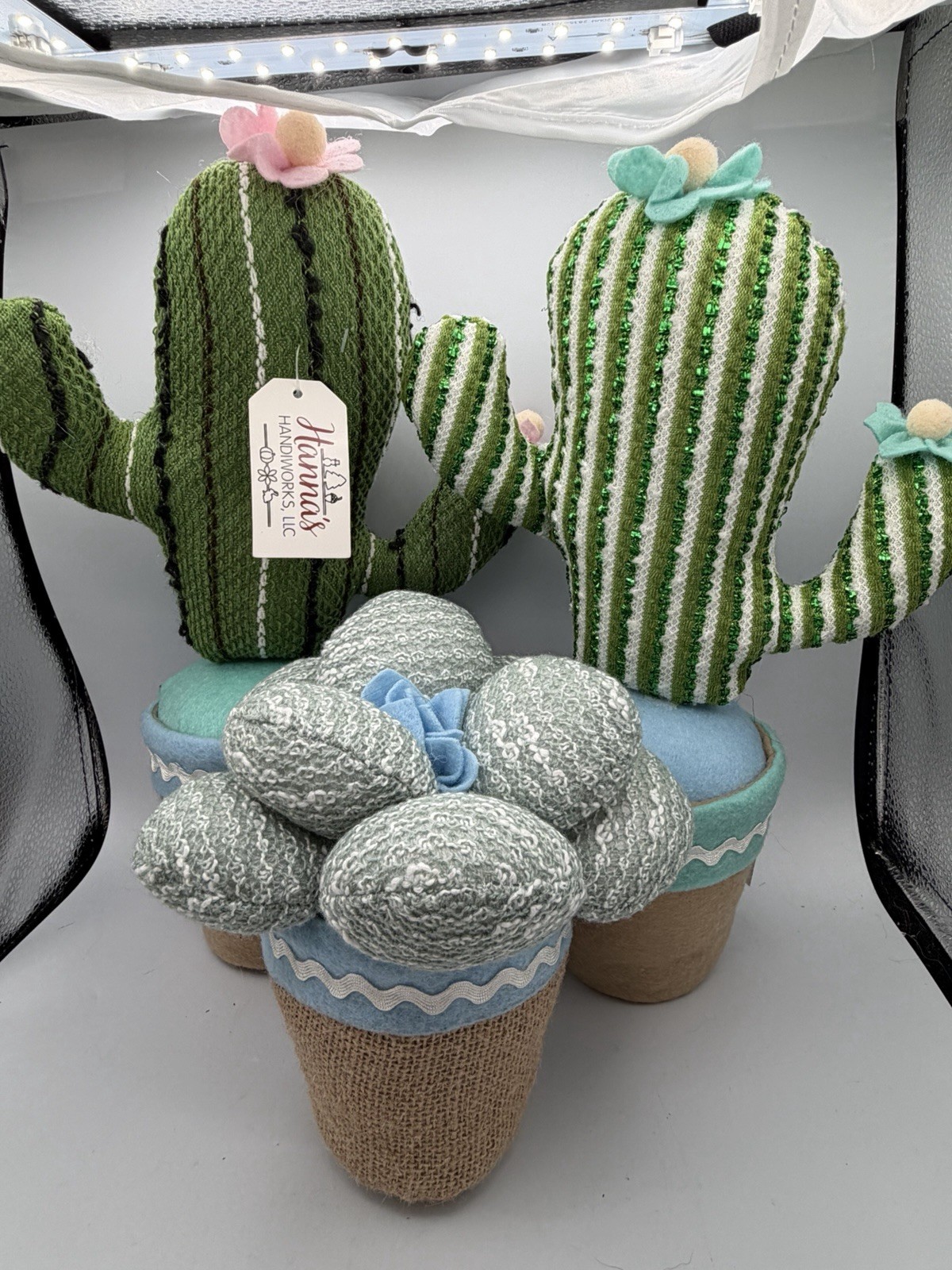 Set 3 Plush Cactus Decor Handmade Fabric Succulent Potted Plant Soft Sculpture