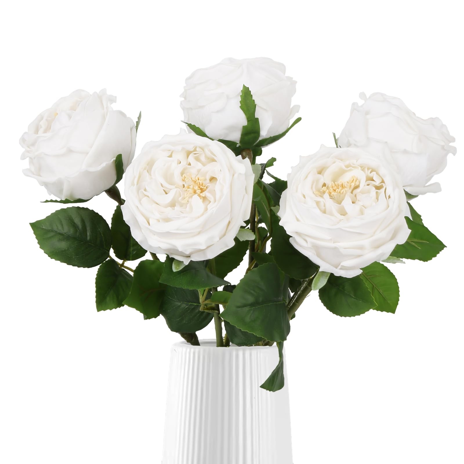 IPOPU White Roses Artificial Flowers,5PCS Real Touch Austin Roses Faux Peony …