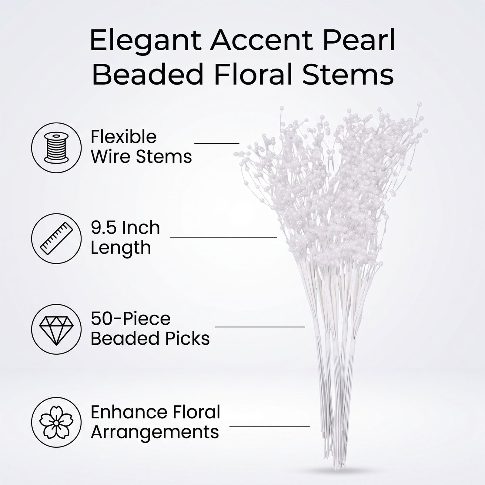 White 50PCS Pearl Beaded Stems 4mm Bead String Garland Floral Picks Flexible BT0