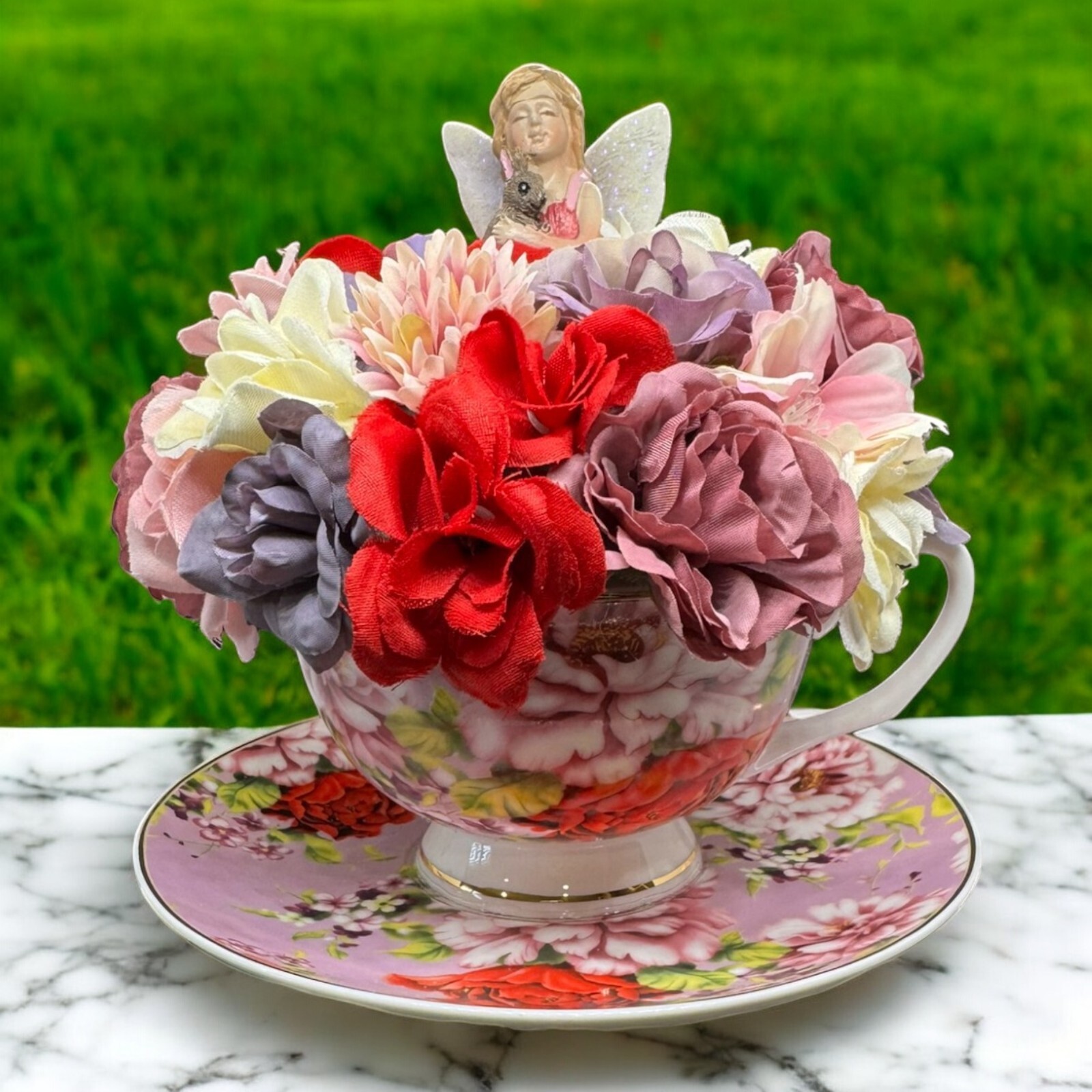 Pink Tea Cup Fairy Flower arrangement, With Fairy Ideal Gift For Her