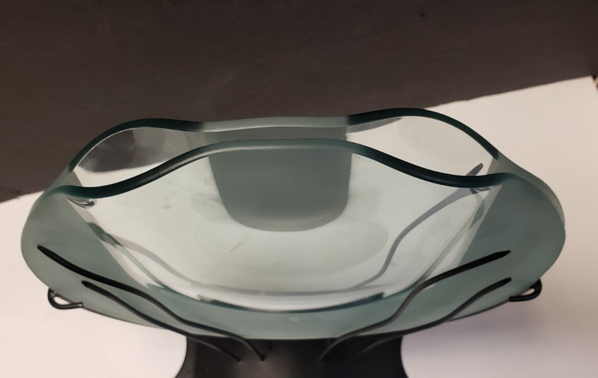 Vintage Clear Art Glass Flower Vase with Black Metal Stand – Decorative Vase
