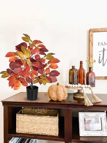 19.7″ Fake Fall Tree in Black Pot, Autumn Small Artificial Leaf Tree Beech