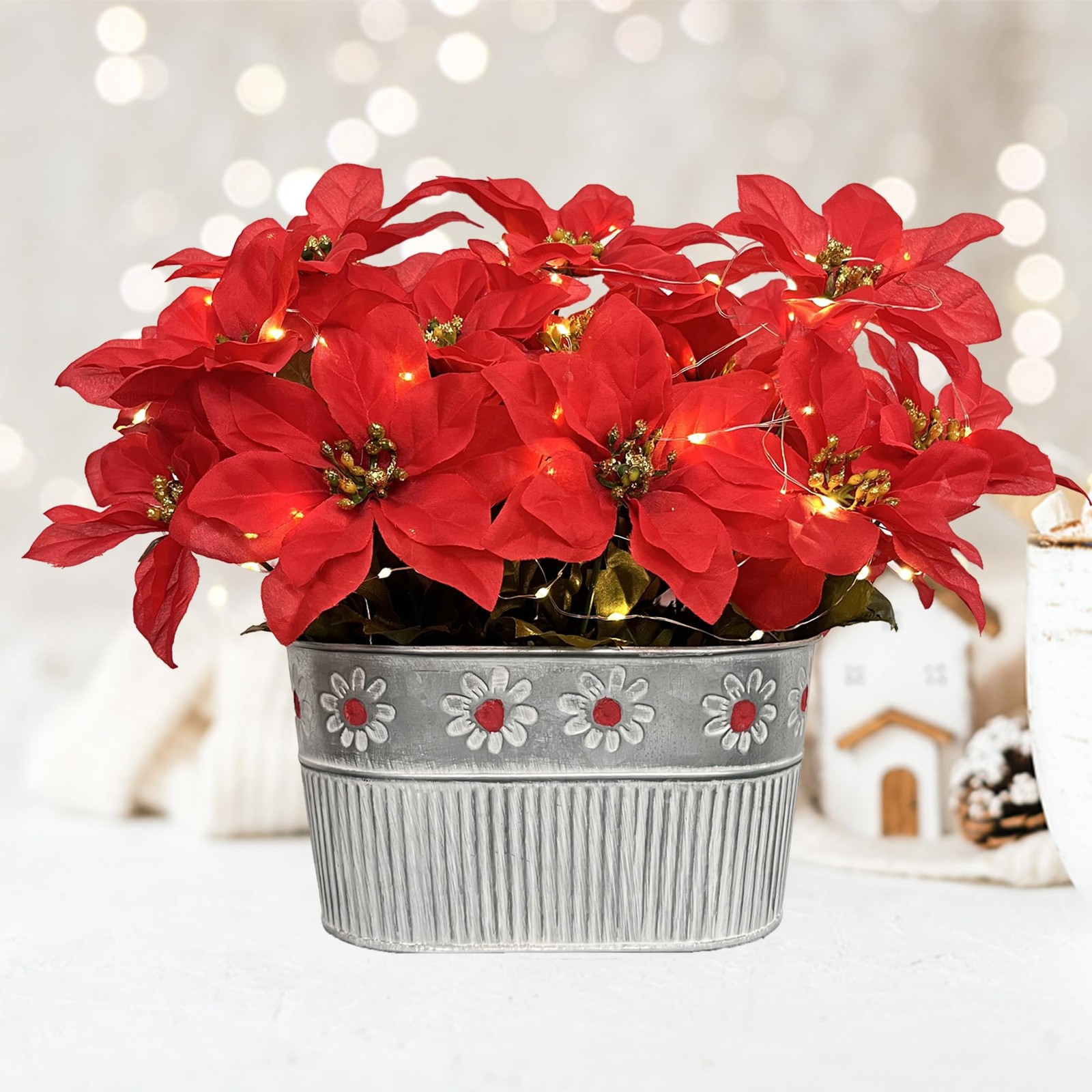 Best Christmas Poinsettia Table Centerpiece – Rustic Metal Pot with LED Lights